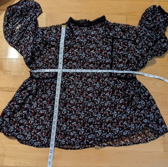 Zara Floral Print Peasant Blouse Balloon Sleeves black Large @A7 - Picture 4 of 9
